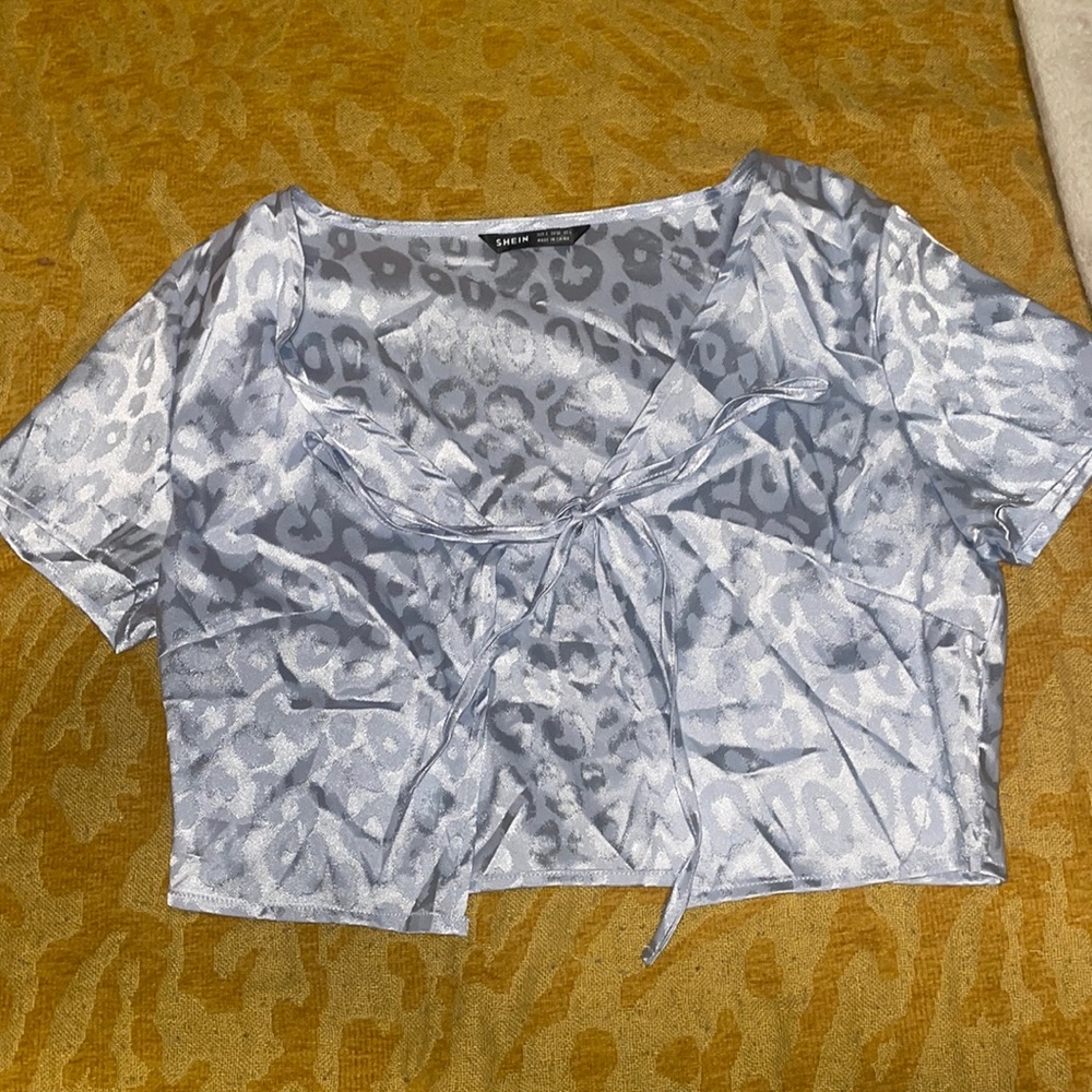 Shein Light Blue Cheetah Print Tie shirt